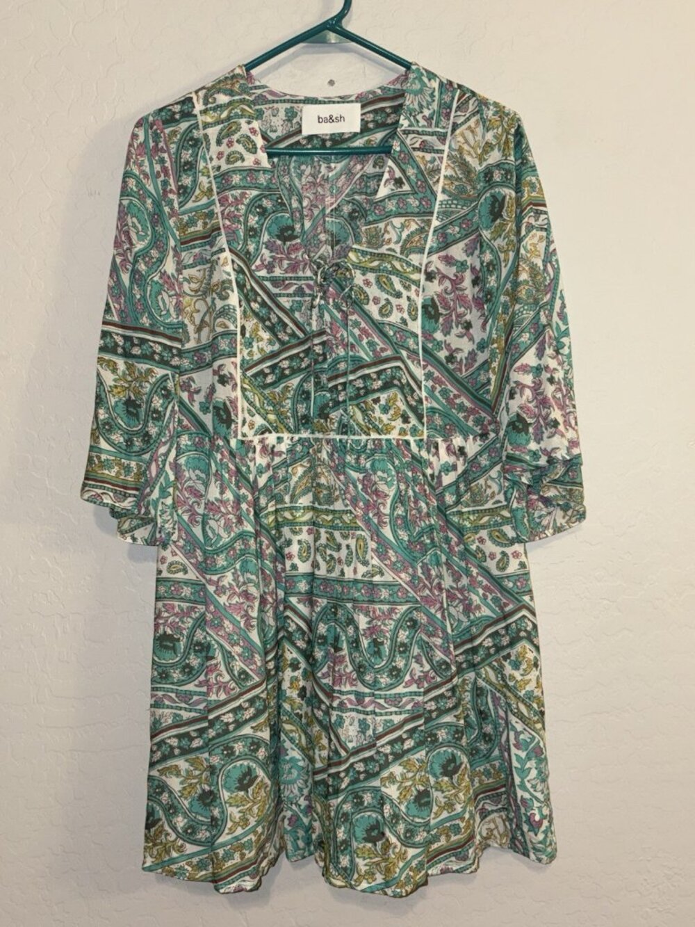 BA&SH Women's Fleur Dress Green/Multicolor Size‎ S Wide Flared Sleeves Mini